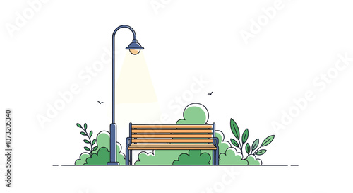 Peaceful park scene with an empty wooden bench under a glowing street lamp at night, surrounded by green bushes and trees.