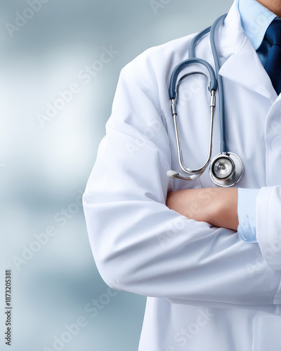 Doctor with stethoscope wearing white coat and blue tie standing with arms crossed confidently in medical environment