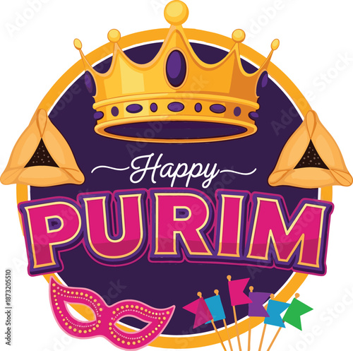 Happy Purim vector badge illustration featuring a large golden crown hamantaschen cookies and a pink masquerade mask.