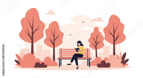 Woman sitting on a park bench and reading a book during a peaceful autumn day with a city skyline in the background.