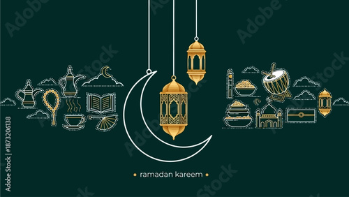 Golden Ramadan Lanterns Hanging from Clouds over Mosque Silhouette
