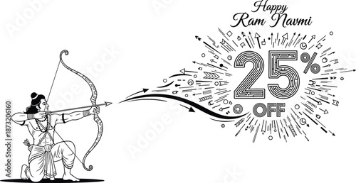 Happy Ram Navami vector sale banner featuring Lord Rama line art with bow arrow and 25 percent discount.
