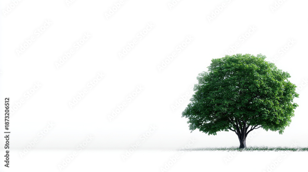 Obraz premium Green tree with lush leaves stands alone on white background, symbolizing nature, growth, and tranquility in minimalist setting