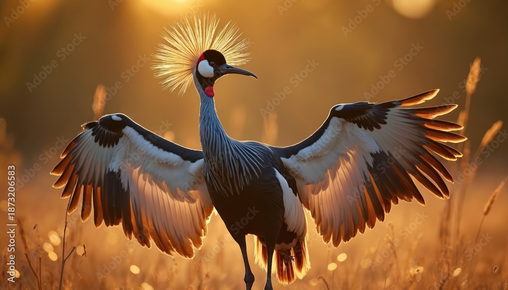 Fototapeta premium African crowned crane is standing. It is spreading its wings in grassland. Elegant exotic bird displays plumage. Crane performs courtship ritual dance at sunset. Wild bird is looking around in nature.
