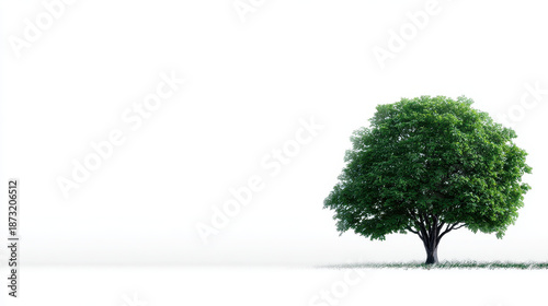 Green tree with lush leaves stands alone on white background, symbolizing nature, growth, and tranquility in minimalist setting