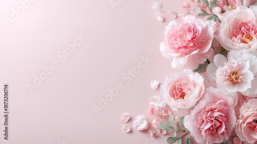 Soft pink peony flowers with delicate petals and green leaves arranged on pastel background creating gentle and romantic atmosphere