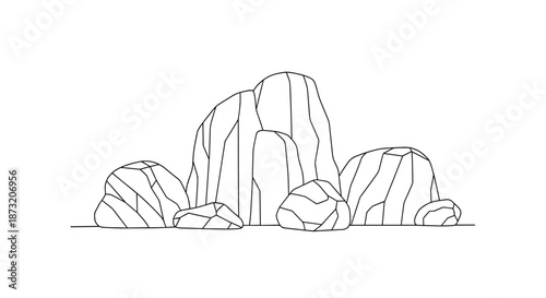 Simple black and white line art drawing of a pile of rocks and boulders, suitable for coloring pages or minimalist designs.