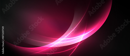 Abstract background features flowing pink curves, bright highlights, dark shadows. Modern design evokes energy, movement, sophistication.