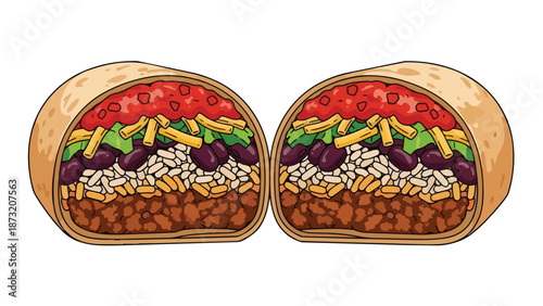 Vibrantly illustrated cut burrito displaying delicious layers of Mexican-inspired ingredients
