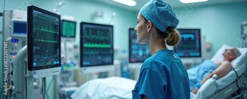 Woman in medical uniform looks at monitors in ICU. Patient lies in bed under observation. Hospital ward with modern equipment, health care tech in intensive therapy unit. Clinic service.