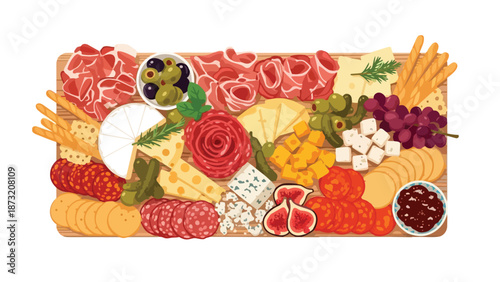 An inviting illustration of a lavish charcuterie board, artfully arranged with gourmet cured meats, fine cheeses, fresh figs, grapes, olives, and