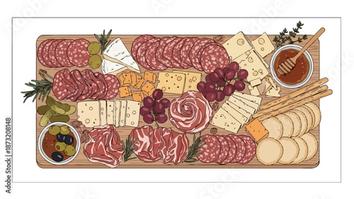 Artistic depiction of a lavish charcuterie board presenting an array of fine meats, diverse cheeses, fresh grapes, olives, honey, and crackers,