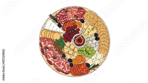 A vibrant, elegantly illustrated charcuterie board featuring gourmet meats, artisanal cheeses, crisp crackers, fresh fruits, and a luscious fig jam,