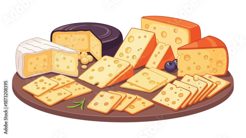 A delightful illustration showcasing diverse artisan cheeses elegantly arranged on a rustic wooden board with berries and fresh rosemary sprigs
