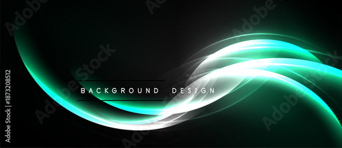 Abstract neon light curves over dark background. Smooth flowing lines create dynamic visual effect. Modern design element.