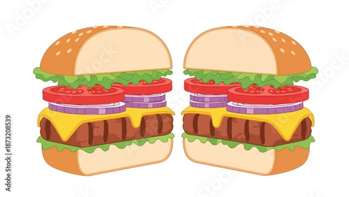 Symmetrical cartoon cheeseburgers with vibrant toppings on white background