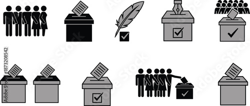 ballot box illustration, civic engagement symbols, election participation, checkmark graphics, voter group, casting vote, democratic process