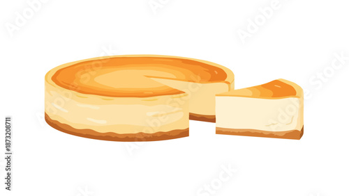 Delicious creamy baked cheesecake illustration with a perfectly cut slice removed showcasing the smooth texture and golden crust, a delightful treat
