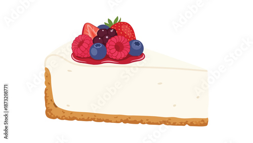 A delightful culinary illustration showcasing a slice of rich creamy cheesecake perfectly topped with an assortment of colorful fresh forest berries