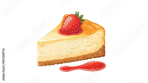 A delectable cheesecake slice artfully presented with a vibrant fresh strawberry and luscious crimson sauce, showcasing a rich creamy texture atop a