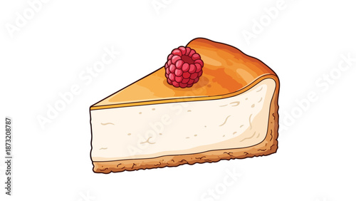 A charming vector graphic showcasing a delicious slice of creamy cheesecake topped with a vibrant red raspberry dessert isolated on a crisp white