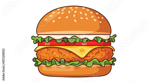 A delightful and mouthwatering cartoon illustration of a perfectly crafted crispy chicken burger featuring a golden sesame seed bun, fresh green