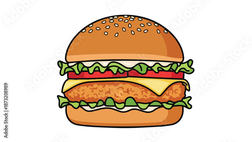 A vivid cartoon hamburger graphic with a sesame seed bun, crisp lettuce, red tomato, yellow cheese, and a golden patty. Great for fast food art and