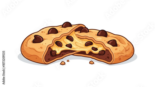 Mouthwatering gooey chocolate chip cookie illustration split open revealing luscious melted filling