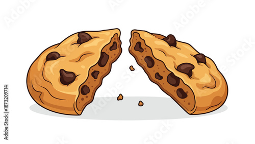A charming vector graphic showcasing a delicious chocolate chip cookie precisely broken in half revealing its inviting crumbly texture and sweet