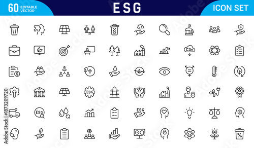 ESG icon Outline set. Environmental, Social, and Governance line icon. ESG outline icons collection. Includes Sustainability, Solar Panel. Thin outline icons pack. Vector illustration