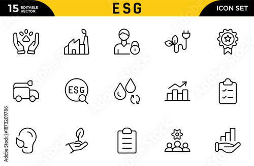 ESG icon Outline set. Environmental, Social, and Governance line icon. ESG outline icons collection. Includes Sustainability, Solar Panel. Thin outline icons pack. Vector illustration