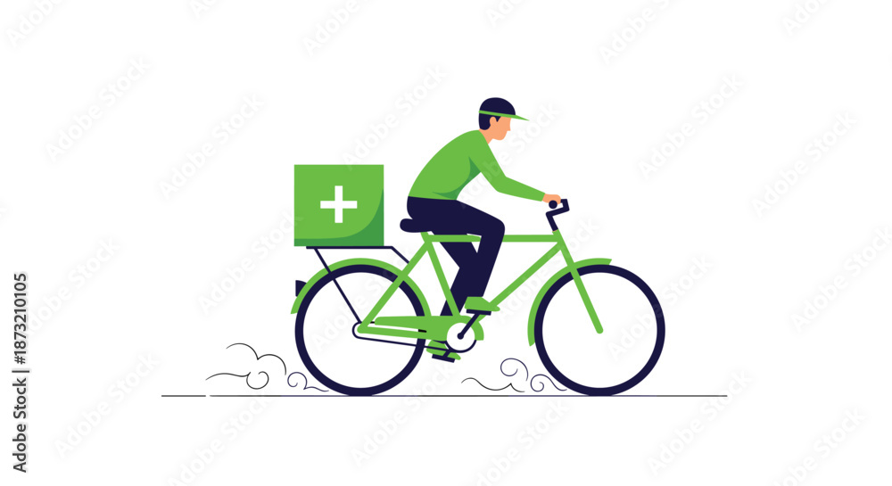 Fototapeta premium Pharmacy delivery service with a courier riding a green bicycle to deliver medicine in a box with a medical cross symbol.