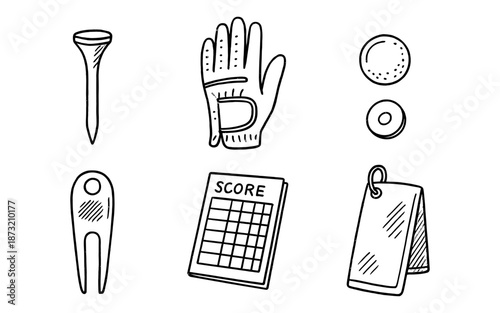 Collection of hand-drawn golf equipment icons on a white background
