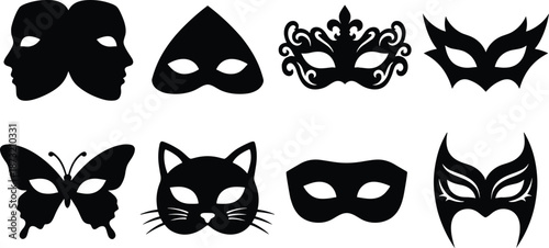 Collection of black masquerade masks silhouettes including carnival, theatrical, animal and fantasy designs isolated on white background vector illustration