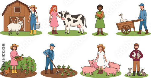 Colorful farm life illustration with farmers, animals, barn, gardening, poultry, livestock care, sustainable agriculture, rural lifestyle concept