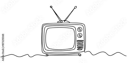 Continuous one line drawing of vintage analog television. Simple Retro TV hand drawn outline vector illustration, Continuous line drawing of retro old television. Single one line art of vintage tv.