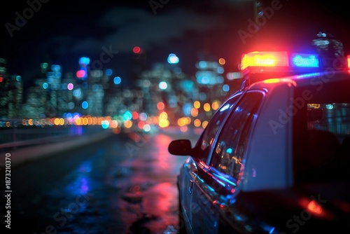 Police car with flashing lights stops in city at night with colorful lights and reflections on the wet road
