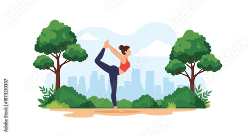 Woman practicing yoga in a beautiful park with a city skyline in the background, promoting a healthy lifestyle and wellness.