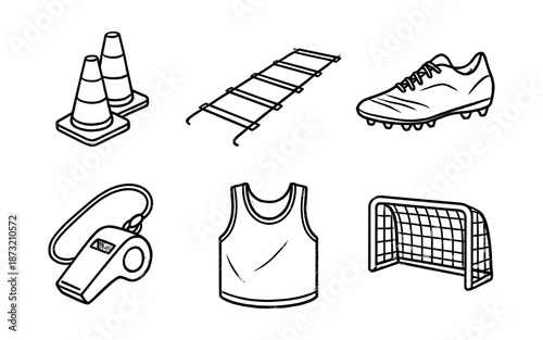 Collection of hand-drawn soccer training equipment and apparel on a white background