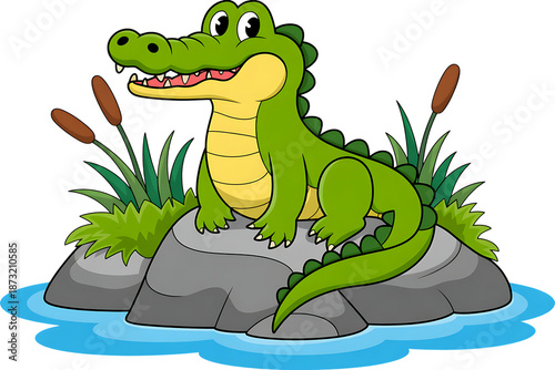 Cute cartoon alligator on a rock. Great for children books and educational material.