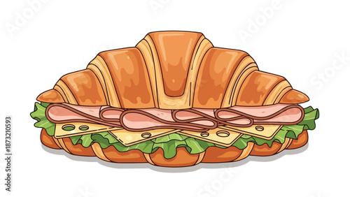 Delicious golden baked croissant sandwich artwork featuring savory ham, Swiss cheese, and fresh green lettuce. Perfect for vibrant food menu designs
