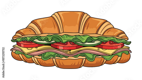 Deliciously illustrated croissant sandwich packed with fresh lettuce, ripe tomato, crisp cucumber, savory ham, and rich cheese for a perfect meal