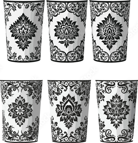 Decorative cup designs, black floral patterns, ornamental motifs, symmetrical artwork, artistic tableware, vintage style, ceramic illustration, elegant drinkware, lettered cups, home decor