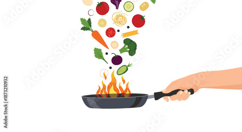 Hand holding a flaming frying pan with fresh vegetables and pasta flying into it, representing healthy cooking and stir-frying.