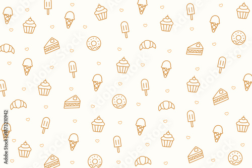 Outlined seamless pattern of cupcakes, donuts, croissants, cake slices, and ice cream on light yellow background. Perfect for cheerful dessert backgrounds and playful food illustrations.