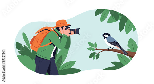 Wildlife photographer with a backpack and hat taking a picture of a small bird sitting on a tree branch in nature.