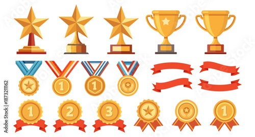 Collection of gold awards, trophies, stars and medals with ribbons for achievements. Set of award icons.