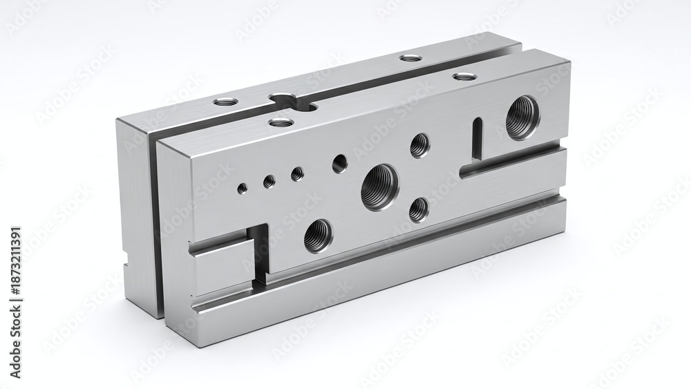 Fototapeta premium Silver metal industrial component with multiple threaded holes shown in a clean studio lighting setup. isolated on white background