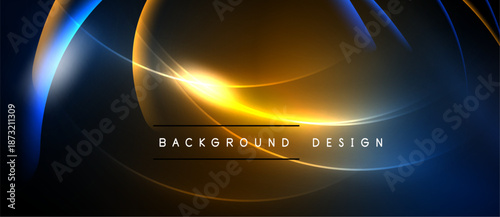 Abstract design features vibrant orange, blue light streaks. Dark background emphasizes flowing curves, modern aesthetic. Minimal text reads background design.