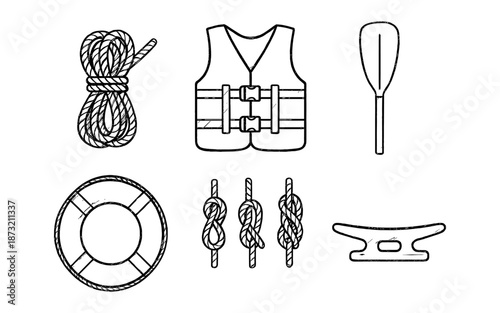 Nautical and boating equipment icons including rope, life vest, paddle, and lifebuoy